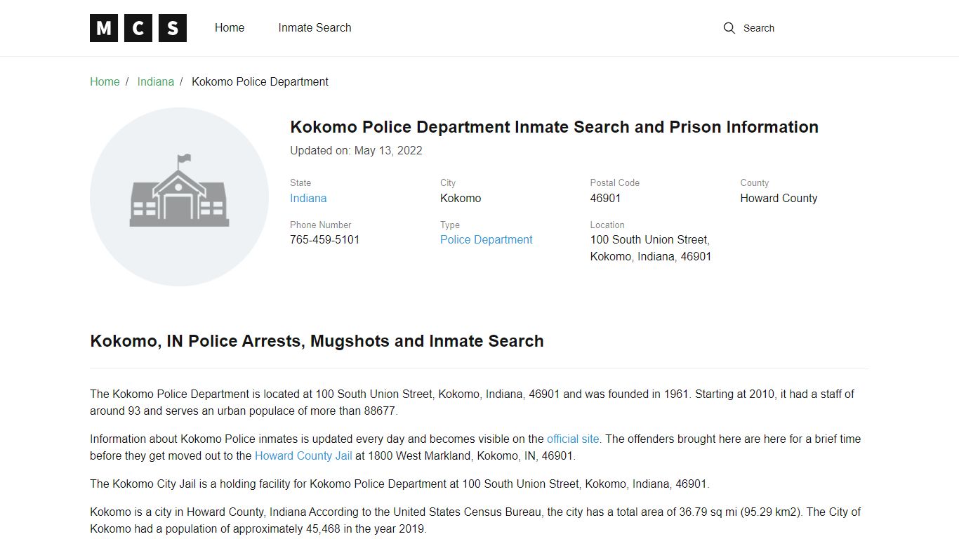 Kokomo Police Department Inmate Search and Prison Information